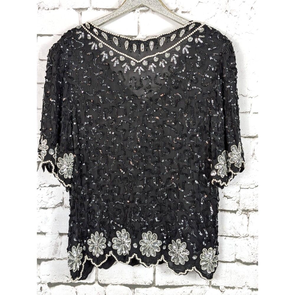 VINTAGE MEGERE Art Deco Sequined Beaded Silk Blouse Glam Whimsygoth *XL - Picture 6 of 8
